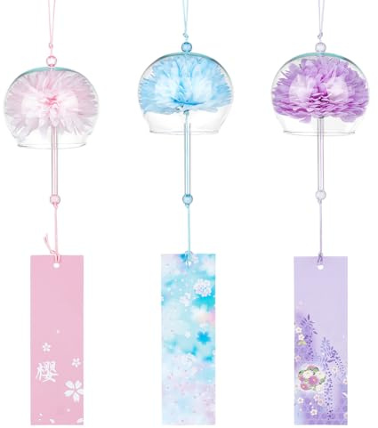 BENECREAT 3 Colori Campanelli Eolici Giapponesi, Roso, Porpora, Campanelli A Vento A Forma di Fiore Blu, Ciondoli In Vetro Fatti A Mano per La Festa Del Matrimonio, Home Decor