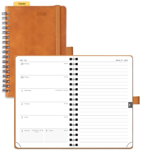 POPRUN Taschenkalender 2026 A6 Wochenansicht Spiralbindung PU Leder Softcover 16 x 10,5 cm Terminkalender Arbeitsbuch - 26 kleine Wochenplaner & Notizbuch in einem (Braun)