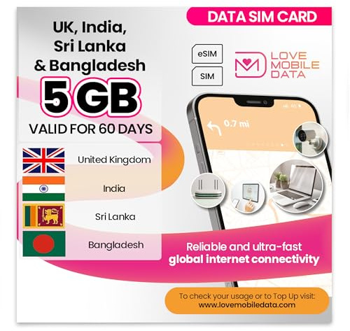 Love Mobile Data Only Sim Card - International Multi-Network 4G/5G Prepaid Pay As You Go Data Sim for Mobile Phones, WiFi Routers & More, UK, India, Bangladesh & Sri Lanka - 5GB for 60 Days