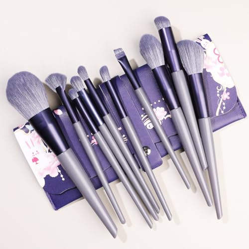 Nvzi Makeupborstset 10 st premium syntetiska foundation pulver concealers ögonskuggor rodna lila sminkborstar med förvaringsväska