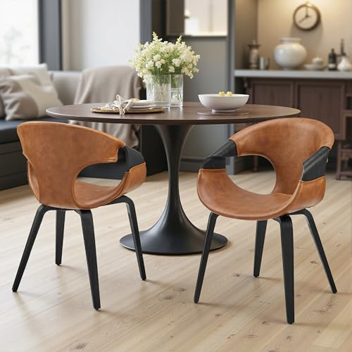 Zouron Silla de Comedor (Estilo Madera Curvada) 2PC, Sillón Moderno (Patas de Nogal),Sillón tapizado de Cuero de imitación, Silla de salón (con Respaldo), Silla de Cocina, Silla de Oficina,Marrón