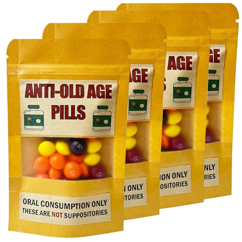 4 Pack Funny Anti-Old Age Pills (Empty Pouch) – Gag Gift for Seniors, Over the Hill Birthday, Retirement Party Favor, Joke Gift Bag for Men & Women Without Sweets