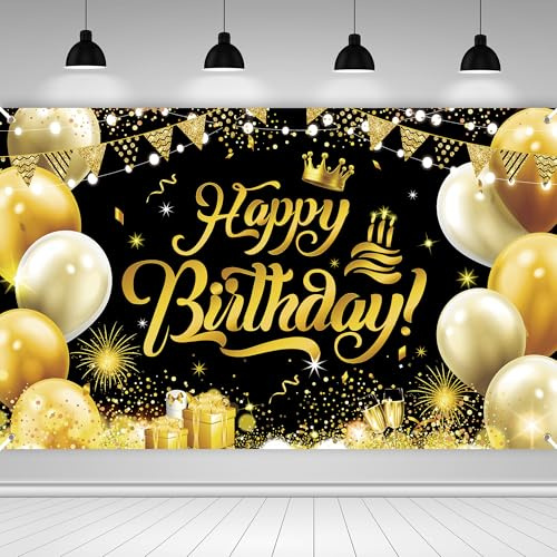 Große Happy Birthday Banner, Schwarz-Gold-Dekor, große Banner Hintergrund Party-Hintergrund für Männer & Frauen, Outdoor & Indoor verwenden