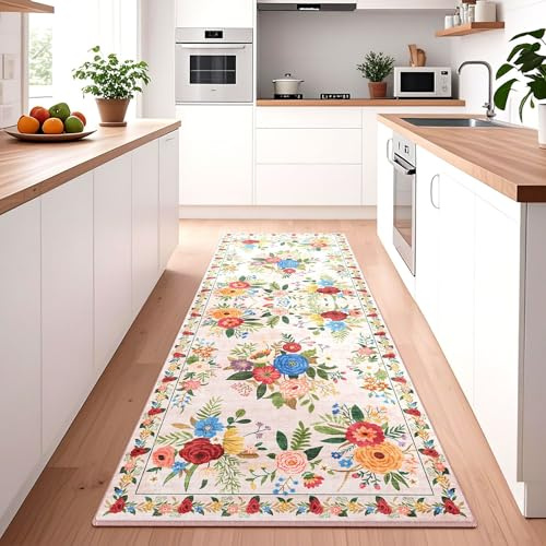 BYBSRLL Hallway Runner Rugs 60x180cm, Non-Slip & Machine Washable Low Pile Kitchen Runner, Floral Printed Soft Carpet Runner for Hall, Entryway, Laundry, Lounge, Office, Bedroom, Light Pink