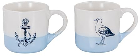 2er Set Tassen Anker Möwe 350ml Steingut Kaffeetasse Becher Blau Maritim Design Küchengeschirr Heißgetränke Kaffeepott