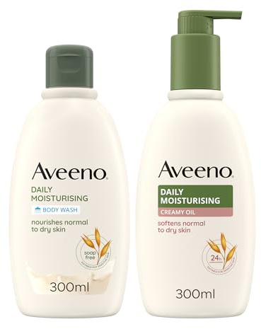 Aveeno Daily Moisturising Set Creamy Oil e Bagno Doccia, Set corpo per pelle secca con bagnoschiuma delicato senza sapone 300 ml e olio crema corpo al profumo di Mandorla 300 ml – Esclusiva Amazon