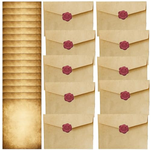 Vintage Briefpapier mit Umschlag Set, Briefpapier Edel Schreiben mit 10 papier Umschläge, 16 Briefpapier Vintage A5 und 10 Wachssiegel-aufkleber, Briefpapier für Hochzeits Liebesbrief Grußkarten