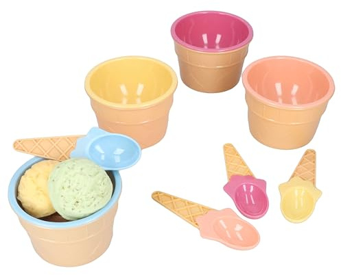 MamboCat Eisbecher Set für Kinder I 4X EIS-Schälchen mit Löffel in Gelb, Rosa, Pink & Blau I Bunte Becher & Eiswaffel-Löffel aus Kunststoff I Sandkasten Förmchen