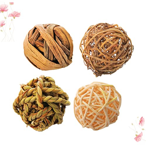 Milisten Juego de 4 Bolas de Ratán para Loros y Pájaros Pequeños, Juguete Masticable Natural de Paja, Estimulación Física y Mental para Periquitos, Cacatúas y Pequeñas Aves