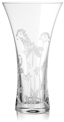 DIAMANTE Jarrón de cristal con diseño de libélula, cortado a mano, diseño floral de vida silvestre, 25 cm, en caja de regalo