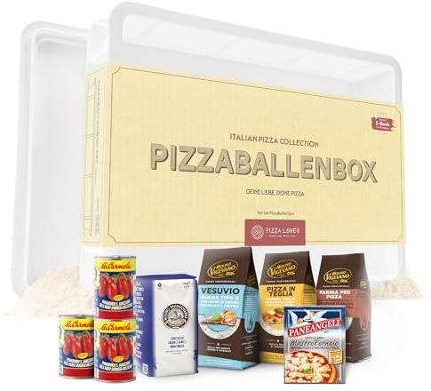 Pizza Lover Pizza Set - Molino Vigevano Farina (Vesuvio, Pizza in Teglia, Farina Tipo 1) + La Carmela San Marzano D.O.P. pomodori + scatola di fermentazione 30×40×7 cm con coperchio - Ingredienti