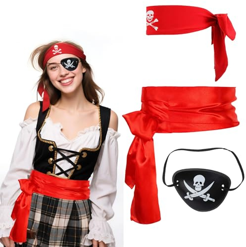 Cosysparks Piratenkostüm Damen Herren, 3 Pack Piraten Zubehör mit Bandana Auge Patch und Sash Frauen Männer Piraten Fancy Kleid für Cosplay Piratens Rollenspiel Party