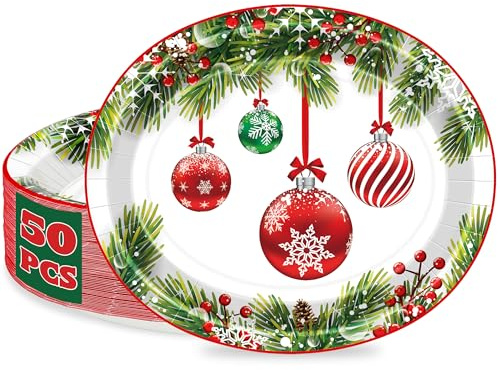 QZYL 50 PCS Christmas Plates, 12.2x 10.2 Christmas Oval Paper Plates Party Decorations, Xmas Ornaments Pine Boughs Design, Disposable Festive Dinnerware for Xmas Decorations New Year Celebration
