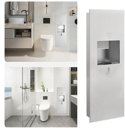 Distributeur de serviettes et poubelle à encastrer convertible, grande capacité, acier inoxydable satiné, avec étagères, facile à nettoyer pour les hôtels et les salles de bains (argent, 33 x 120 x 14
