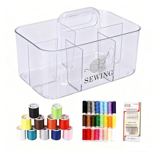 ZoeQide Caja de costura con contenido, kit de costura transparente, caja básica con aguja e hilo, juego de herramientas de costura y accesorios básicos, kit de costura portátil