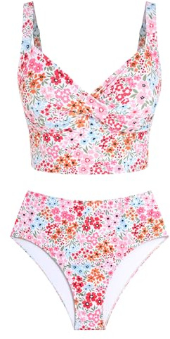 ZAFUL Two Piece Tankini Swimsuits for Women Cute Bathing Suit Twist Front Cropped Swim Tank Top with High Waisted Bottom (Pink Floral Print, Medium)