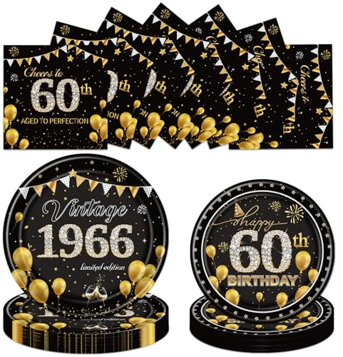 Luvart 60th Birthday Plates and Napkins Party Decor, 72PCS Vintage 1966 Birthday Tableware Set, Cheer to 60 Year Old Party Decorations Supplies for Women Men 24 Guests