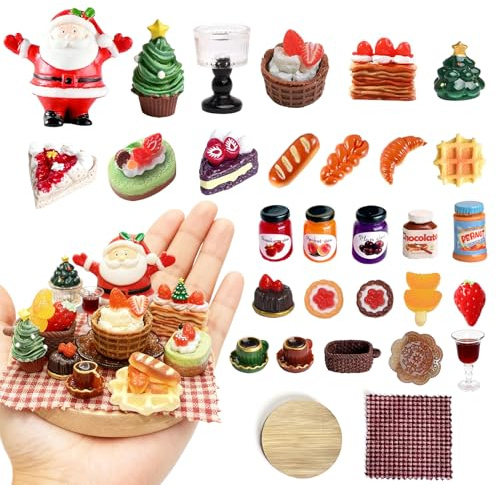 BQLYblink 28 Accessoires Maison de Poupée Mini Nourritures et Accessoires de Noël avec Lutins, Mini Bonbons et Boissons, avec Mini Père Noël, Plateau en Bois, Mini Nourriture pour Maison de Poupée