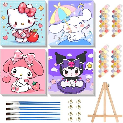 Sretoul 4 Pack Cartoon Paint by Numbers Kit for Kids with Frame - Wooden Easel, Cute Kids Paint by Numbers Ages 4 8 12, DIY Acrylic Oil Painting for Home Wall Decor (8x8 inch)