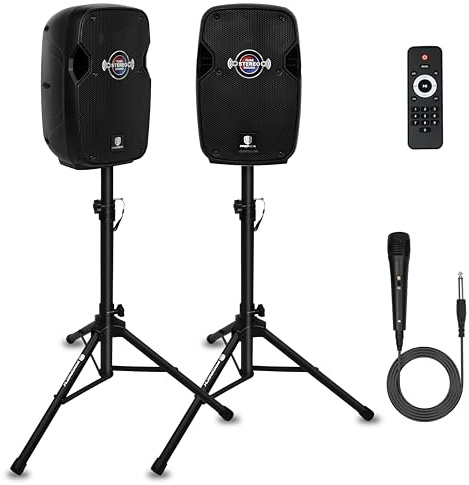 PRORECK 8-Zoll-Stereolautsprecher, 600 W Spitzenleistung, Bluetooth-PA-Lautsprecher, mit kabelgebundenem Mikrofon, Lautsprecherständern – tragbarer DJ-Lautsprecher für Partys, Veranstaltungen, Karaoke