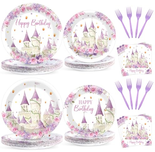 96Pcs Princess Birthday Party Supplies Purple Tower Castle Party Plates and Napkins Disposable Purple Princess Themed Tableware Set Fairytale Party Tableware for Girls Women Wedding Serves 24 Guests
