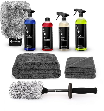 evorilo Autopflege-Set Plus 9-teilig – Premium-Grundausstattung für Fahrzeugwäsche, Felgen & Innenraum – inkl. Mikrofasern, Waschhandschuh, Trockentuch & Felgenbürste