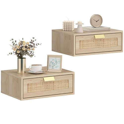 HOMCOM Floating Bedside Tables Set of 2 Wall Mounted Bedside Cabinets Oak