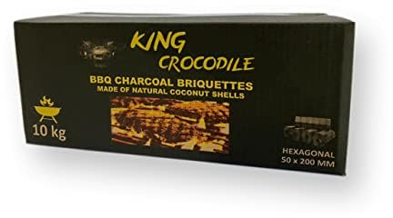 King Crocodile Kokosnuss Kohle mit Langer Brenndauer I Grillkohle Hexagonal I wenig Asche I geringe Rauchentwicklung I Nachhaltige Naturkohle I Kohle Stangen in Profi Qualität I 10 kg