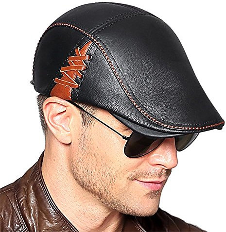 Insun Herren Winter Fliegermützen Warm Leder Kappen Flache Mütze mit Schirm Schwarz 2 XXL