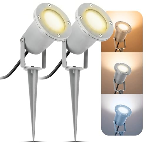 SSC-LUXon Gartenstrahler 2 Stück Erdspieß GU10 3W 3 Lichtfarben silber IP65 | Schwenkbarer Gartenspot mit Erdspieß für Wege, Bäume & Teich - warmweiß, neutralweiß & kaltweiß, Zuleitung 1,8m
