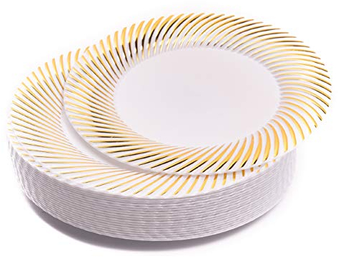 Matana 20 Piatti Dessert in Plastica Bianca con Bordo Oro, 18cm - Eleganti e Riutilizzabili - Dolci, Antipasti, Aperitivi - Matrimoni, Compleanni, Natale, Barbecue, Feste