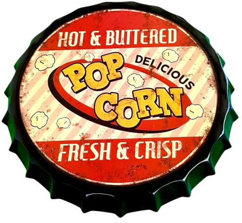 DiiliHiiri Cartel de Chapa Tapón de Botella Palomitas Decoración Vintage Americano de Metal 42x42 cm (Popcorn)