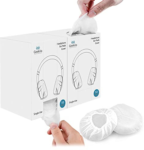 Geekria 100 Paar Einweg-MRI-Headset-Ohrpolster mit Spenderbox, Dehnbare hygienische Ohrpads, Hygienische Kissen für mittlere Ohrmuscheln (2 Boxen, M, Weiß)