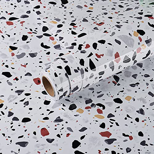 VEELIKE Carta da Parati Granito 60 cm x 900 cm Pellicola Adesiva Terrazzo Carta Adesiva Marmo Bianca Rivestimento Paraschizzi Cucina Lavabile Rotolo Adesivo per Mobili Pellicola Impermeabile per Bagno