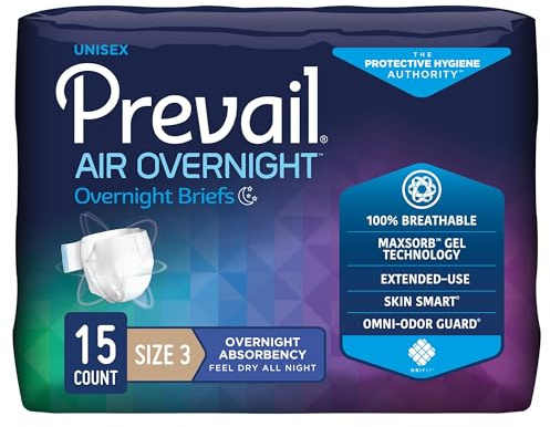Prevail AIR Overnight Incontinence Briefs - Unisex Adult Incontinence Briefs with Tabs - Disposable Adult Diaper for Men& Women - Overnight Absorbency - Size 3, 60 Count (4 Packs of 15)