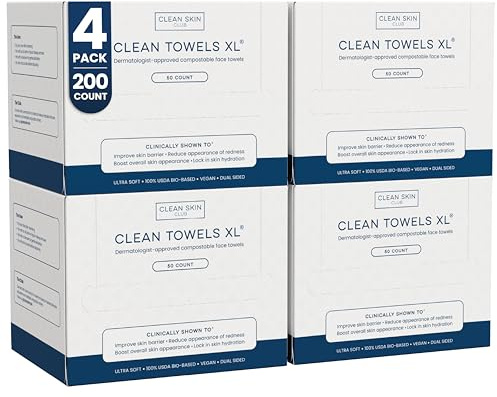 Clean Skin Club Clean Towels XL®, 100% USDA Biobased Face Towel, Disposable Face Towelette, Eczema Association Accepted, Makeup Remover Dry Wipes, Ultra Soft, 50 ct per pack, 4 Packs, 200 Ct Total