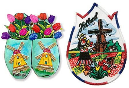 A-ONE Tulip Windmühle von Amsterdam Niederlande 3D Land Whiteboard Magnet 1PC + Holland Stoffe Militär Patch 1PC Küche Whiteboard Magnet Tasche Patch für Jeansjacke Hemden Dekoration C94+89