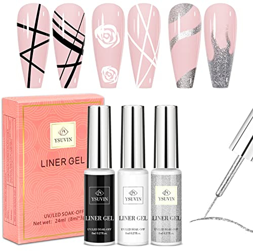 YSUVIN Liner Gel Nagellack, 3 Farben Schwarz Weiß Silber Painted UV Gel Nagellack, Soak Off UV Gellack für Frauen Home DIY Nail Art Salon Maniküre, 8ML