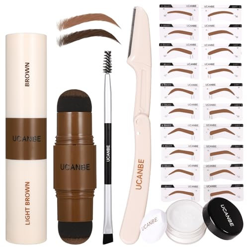 UCANBE Kit di stencil per timbro, 25 pezzi, con pomata per sigillare il sopracciglio a doppio colore, 20 stencil riutilizzabili per sopracciglio, polvere di finitura, pennello, rasoio per sopracciglio