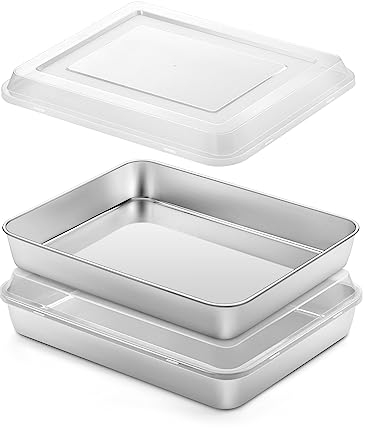 Onader 10⅜ x 8⅛ x 2 Inch Baking Pan with Lid, 2 Pack Stainless Steel Lasagna Rectangular Cake Pan, Non Toxic & Healthy