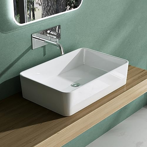 Mai & Mai Waschbecken Aufsatzwaschbecken 60x40x15cm aus Mineralguss Weiß | Waschtisch Waschschale in Weiß glänzend Handwaschbecken ohne Armaturenloch Colossum102