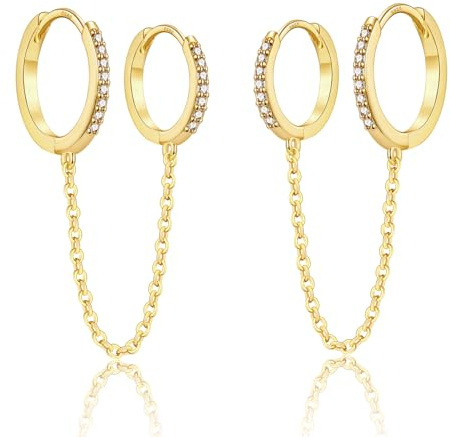 925 Sterling Silver Double Chain Earrings for Women, Silver Double Piercing Earrings Huggie Hoop Dangle Earrings with Cubic Zirconia Stud for Girls Men Teens (Silver/Gold)