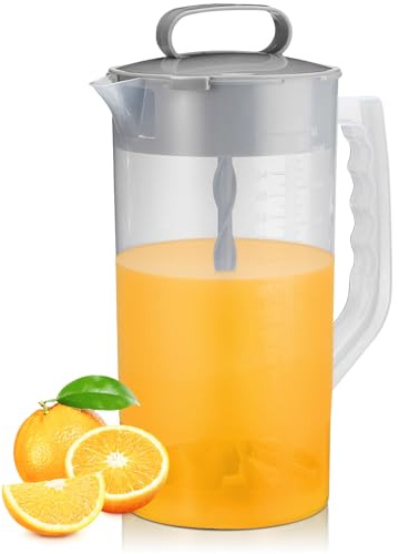 Mixing Pitcher for Drinks, 2 Quart/ 64oz Plastic Water Pitcher with Lid, Angled Plastic Blades and Adjustable Mixer Plunger for Juice, Powdered Milk, Beverage Container (One)