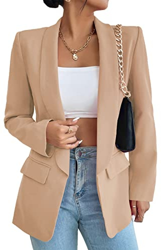 Blazer long décontracté ouvert sur le devant pour femme Veste de travail de bureau avec poches, kaki, XL