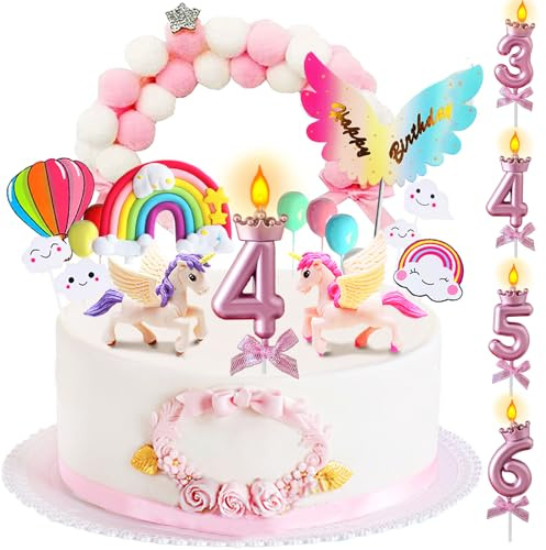 YOUYIKE Einhorn Tortendeko, Kuchen Topper Mädchen Inklusive Geburtstagskerzen 3/4/5/6 Jahr, Einhorn Deko Kindergeburtstag, Regenbogen Deko Torte, Einhorn Figuren Cake Topper