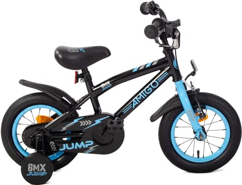 AMIGO BMX Jump - Kinderfahrrad Jungen - 12 Zoll - Mit Rucktrittbremse und V-Brake und Stützräder - ab 3-4 Jahr - Schwarz/Blau