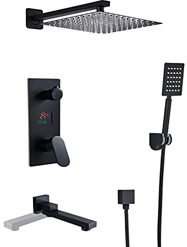 Système De Douche Noir Ensemble De Robinet De Douche À Affichage Numérique À Led Avec Bec De Baignoire Rotatif, Ensemble Combiné De Douche Mural, Douchette Mitigeur En Laiton Avec Douche À Main, Pomm