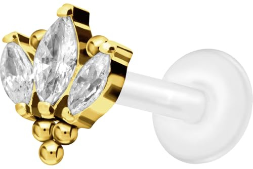 PIERCINGLINE PTFE Labret mit Gewinde + Titan-Aufsatz LOTUSBLÜTE + KUGELN Piercing Ohr Nase Goldfarben 1,2 x 9 mm