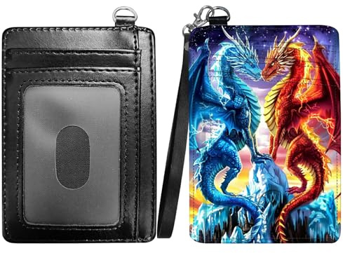 RWUTYTIUL Red Blue Dragon Slim Minimalist Wallet with Lanyard Strap, PU Leather Front Pocket Wallet RFID Blocking Credit Card Holder Card Cases with ID Window for Man Woman Boy Girl