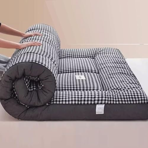 Japanische Boden-Futon-Matratze, King-Size-Größe, aufrollbar, Tatami, faltbar, weich, atmungsaktiv, druckreduzierend, Doppel-Futonbett für Schlafsaal, Heimgebrauch, graues Karomuster, 150 x 200 cm